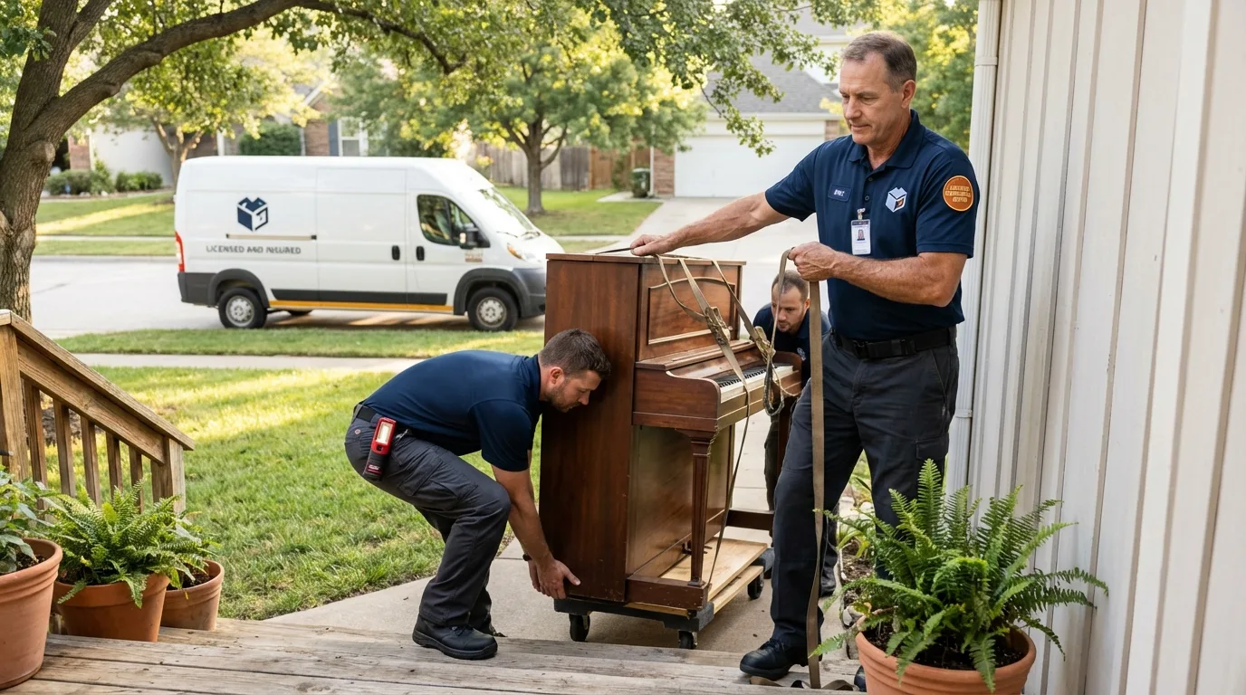 Licensed piano movers securing grand piano in Oakwood, OH