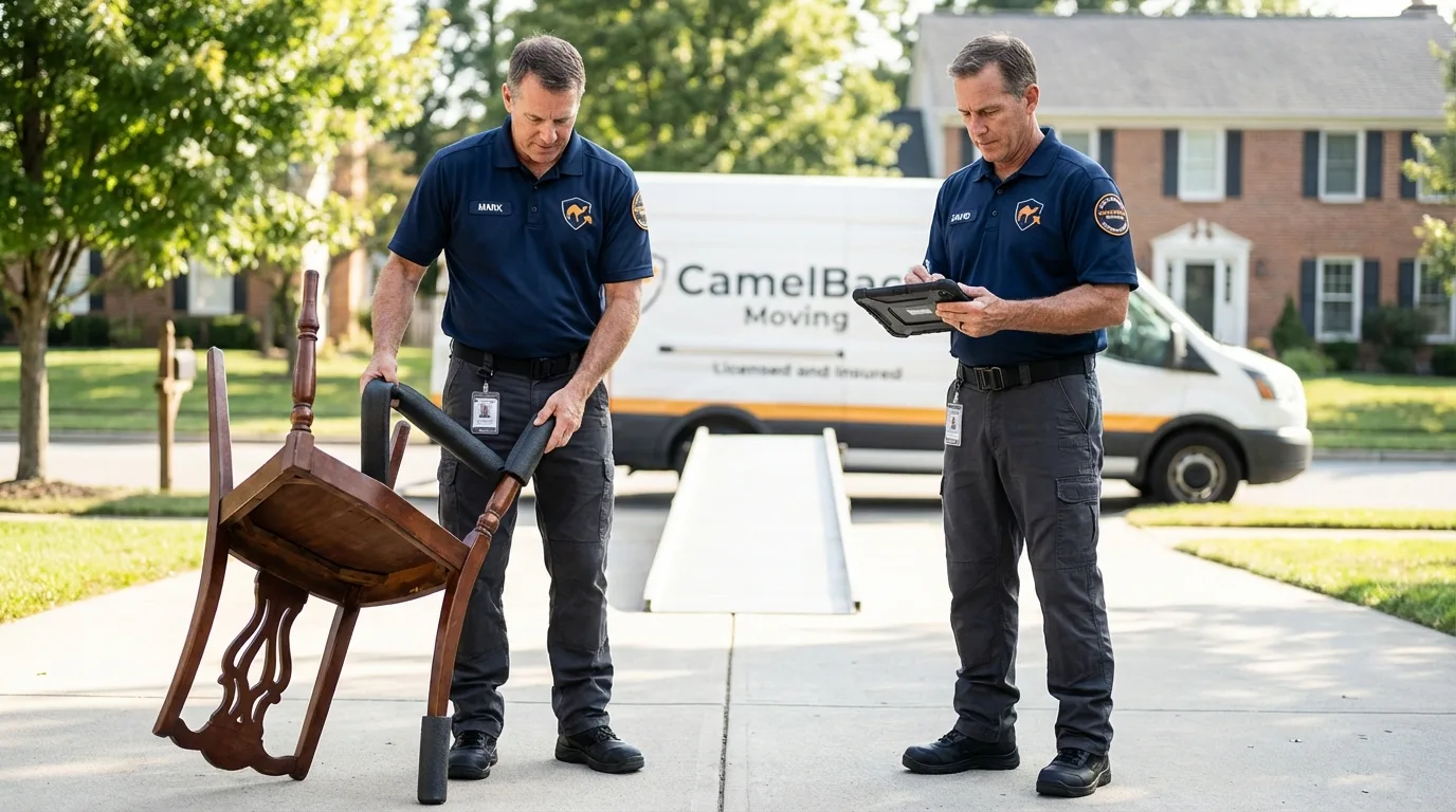 Movers inspecting furniture for damage prevention before loading in Oakwood, OH