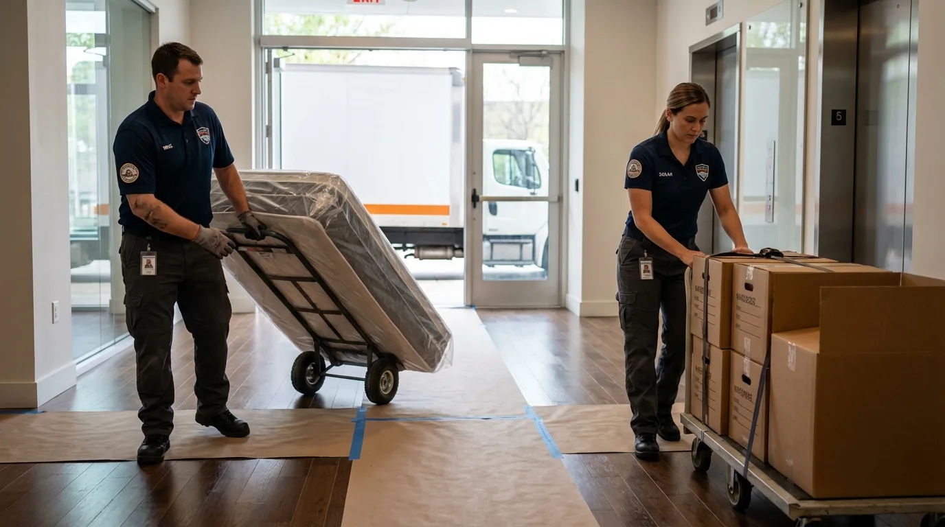 Professional apartment movers loading elevator in Oakwood, OH
