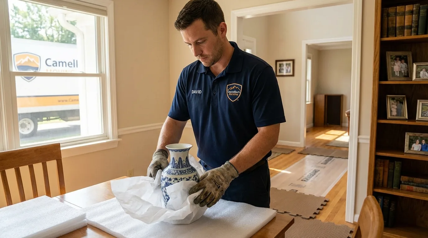 Professional crew carefully wrapping antique vase for senior downsizing move in Oakwood, OH